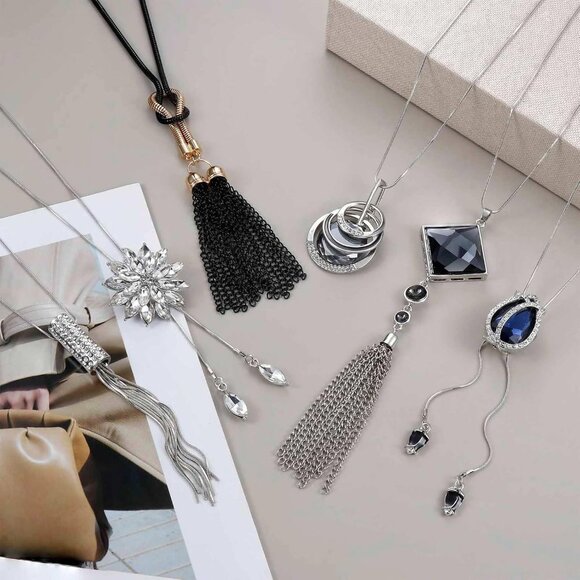 Chic 6PCS Long Pendant Necklace Set - Adjustable Silver & Rhinestone Jewelry - Picture 5 of 6